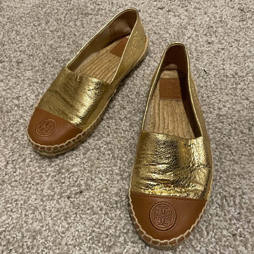 Tory Burch Colorblock Logo Leather Metallic Gold and Tan Espadrilles
